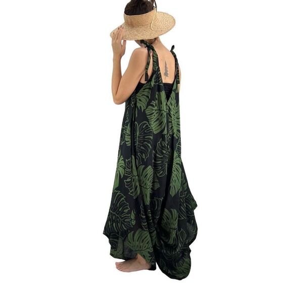 Pōʻalima Black Green Monstera Tropical Boho Wide Leg Beach Romper - Picture 6 of 15